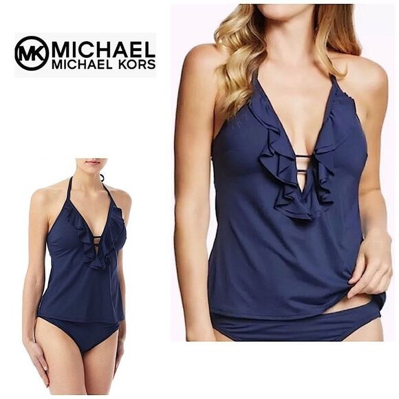 Michael Kors navy plunge neck ruffle bikini top. - Picture 1 of 14